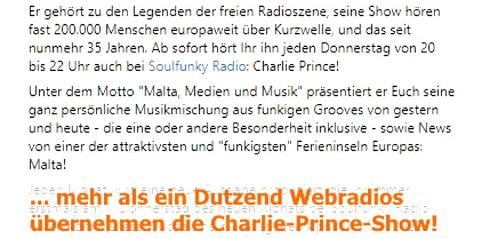 ... und mehr als ein Dutzend Webradios übernehmen die Charlie-Prince-Show!